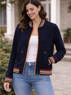 Vintage Liz Claiborne Varsity Jacket Navy Striped Trim Bomber Small 90s